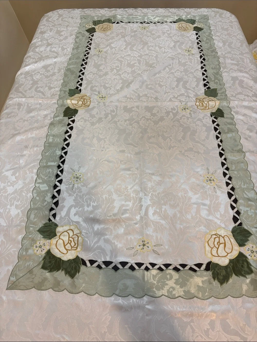 Elegant Cream Floral Embroidered Cut out Tablecloth